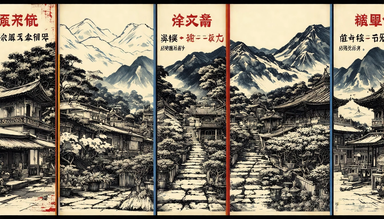 台灣茶葉歷史時間軸主視覺,展示從清朝傳統茶莊、日治時期茶廠、到現代高山茶園的歷史演變