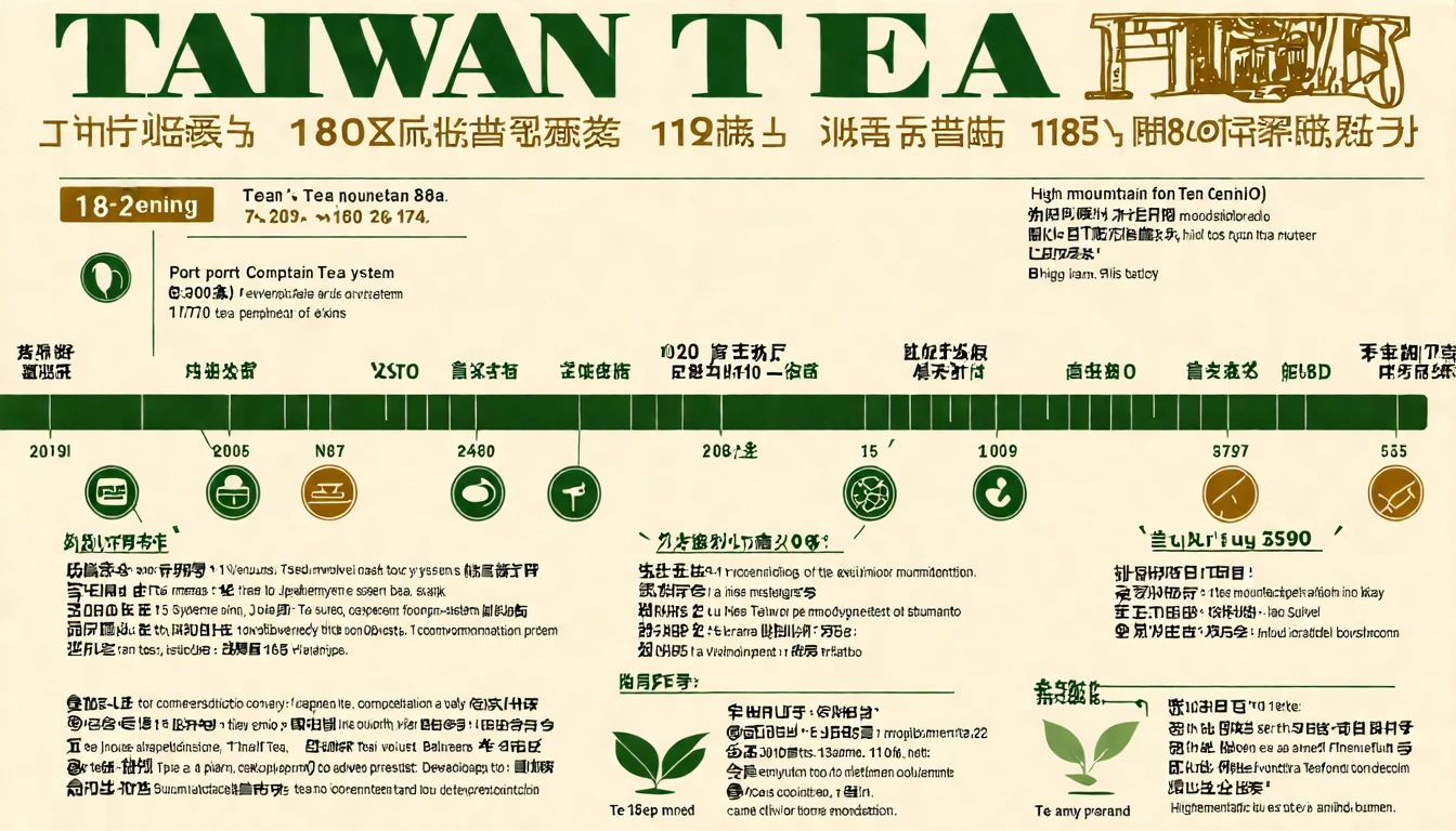 台灣茶葉歷史里程碑表格圖解,從1860年開港到2020年代年輕化,重要歷史事件以時間軸形式展示,配合歷史感的設計元素
