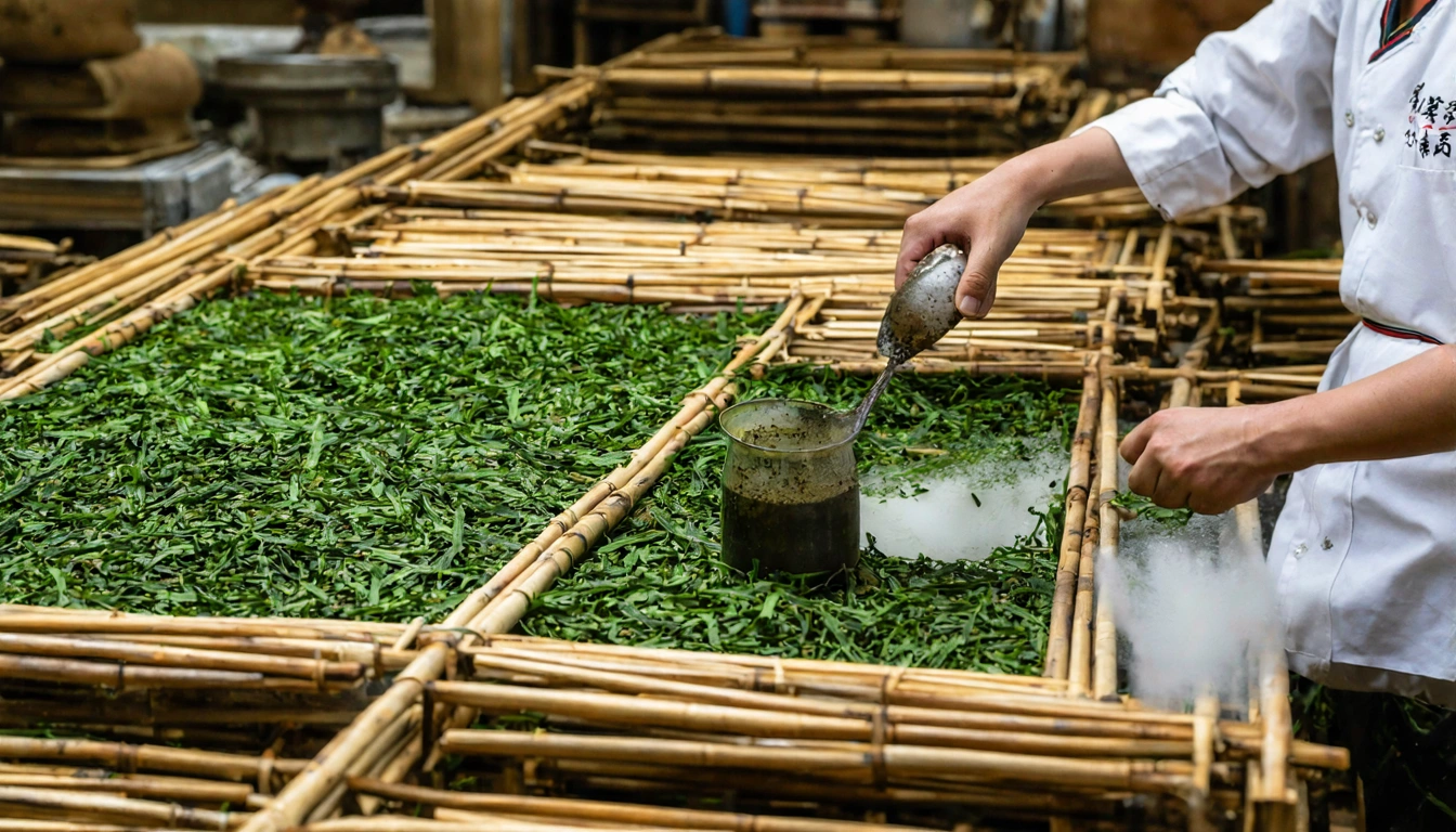 台灣製茶場景,製茶師傅在傳統製茶廠中進行萎凋攪拌作業,茶葉攤開在竹篩上,充滿匠心感