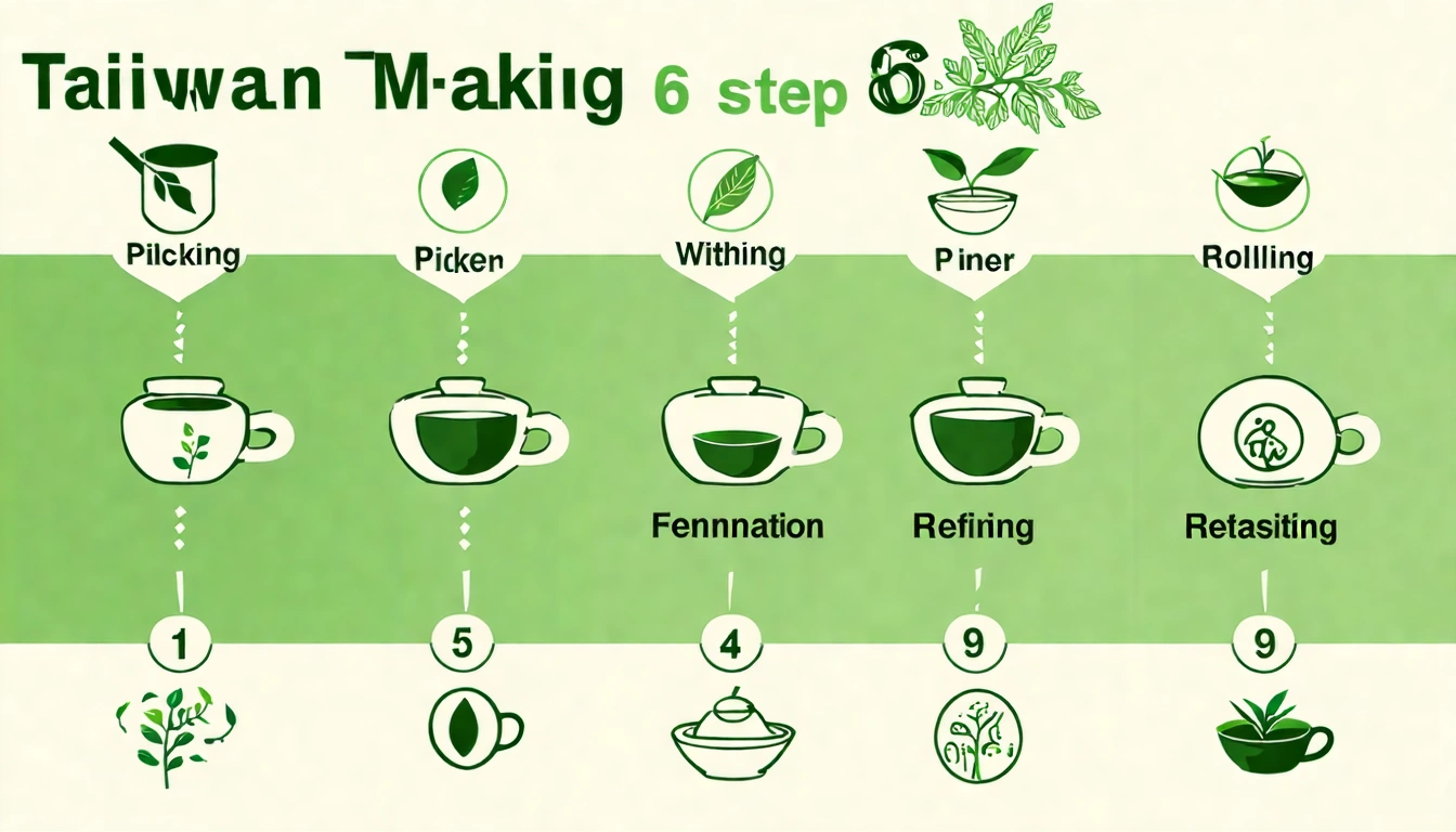 台灣製茶6大步驟流程圖,從採茶到精製包裝,每個步驟以圖示和簡短文字說明,清晰的步驟流程視覺化
