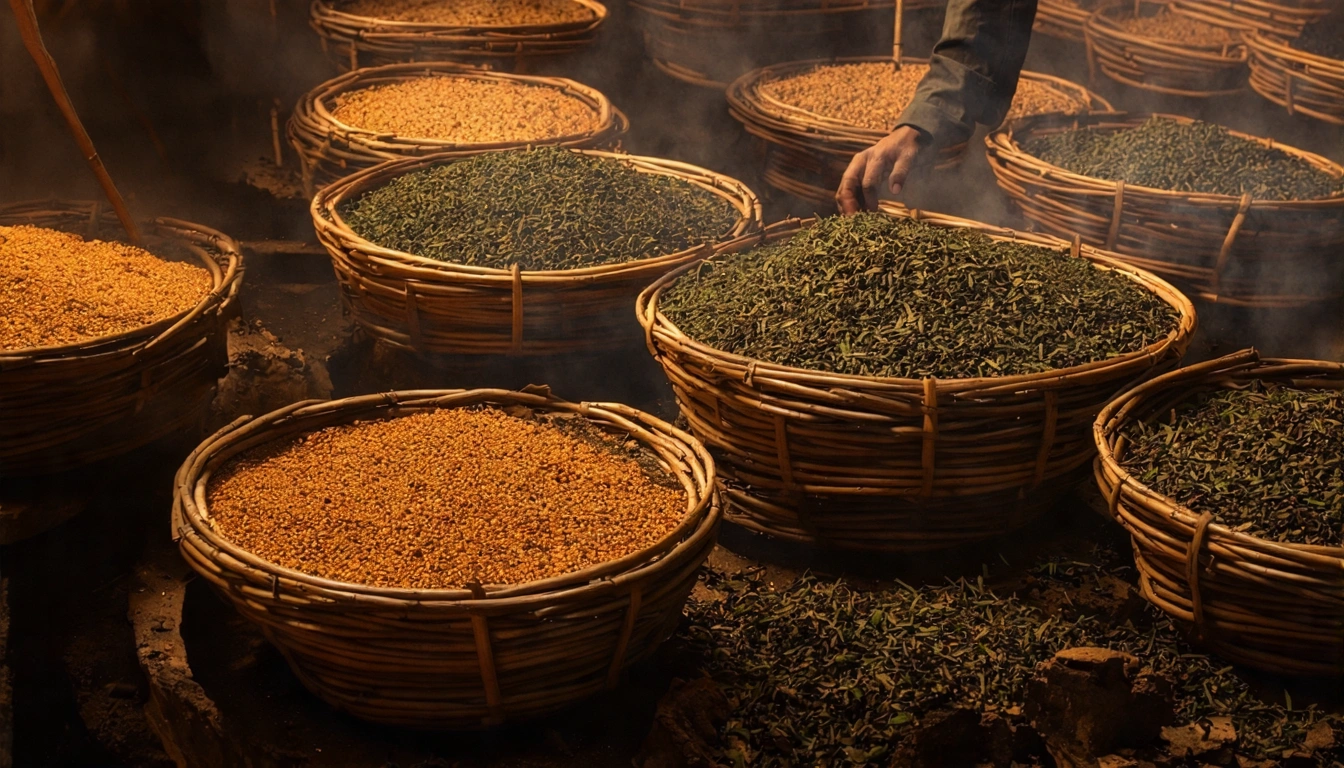 台灣烏龍茶烘焙工序場景,傳統碳焙茶師傅在烘焙間作業,茶葉在竹製烘焙籠中緩慢翻轉,溫暖的橙黃光線