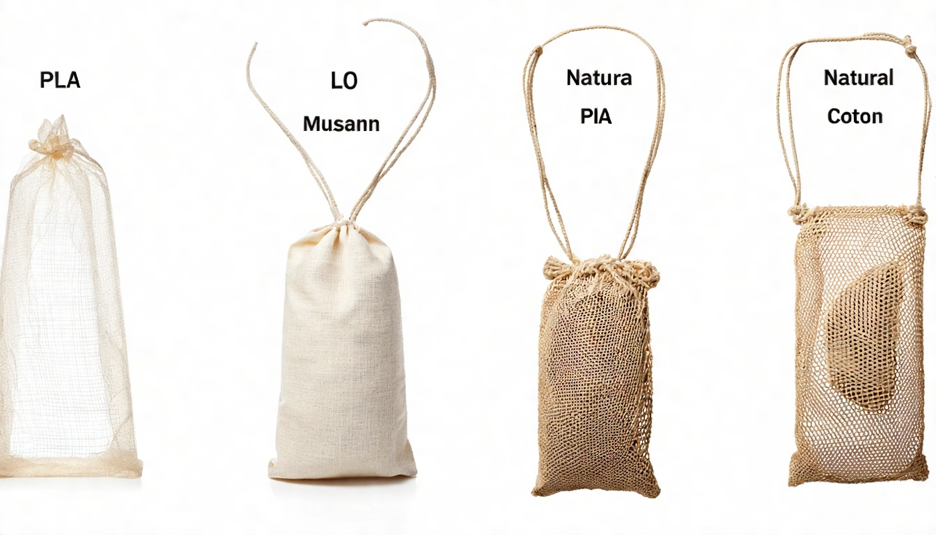 四種茶包材質並排展示:PLA透明三角茶包、棉布袋茶包、棉紙茶袋、尼龍網袋,每款下方標示材質名稱,背景清潔白色,科普感設計